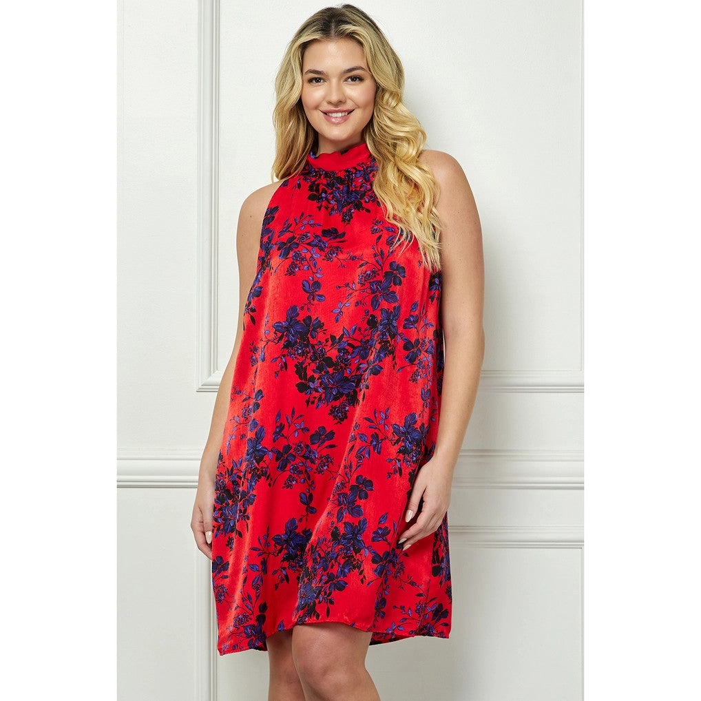 Navy & Red Floral Halter Swing Dress PLUS