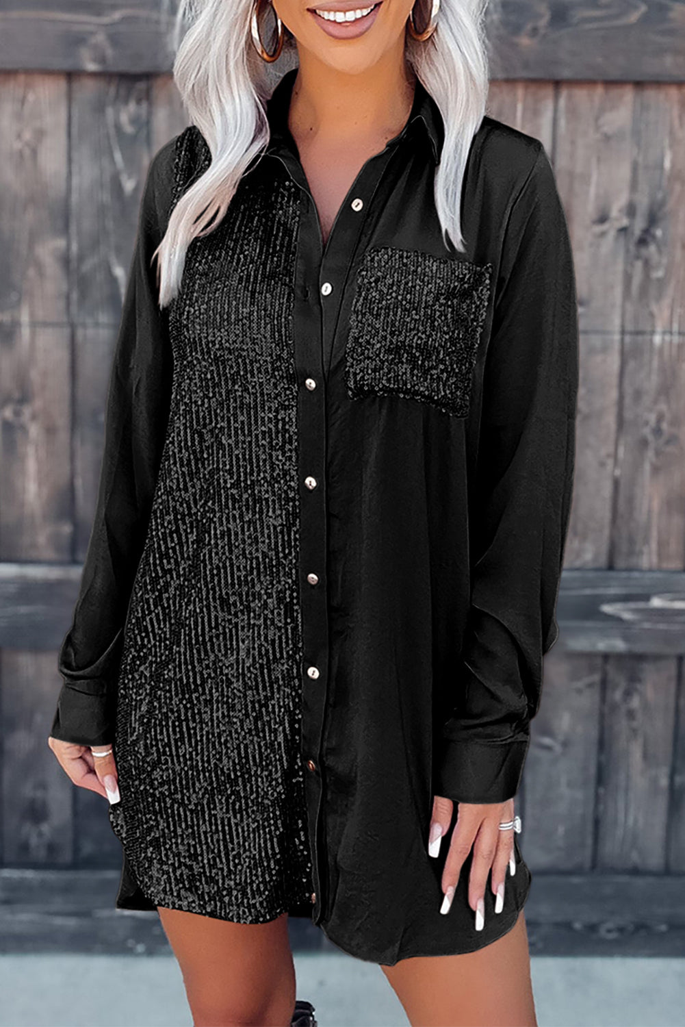 Sequin Splice Shirt Dress