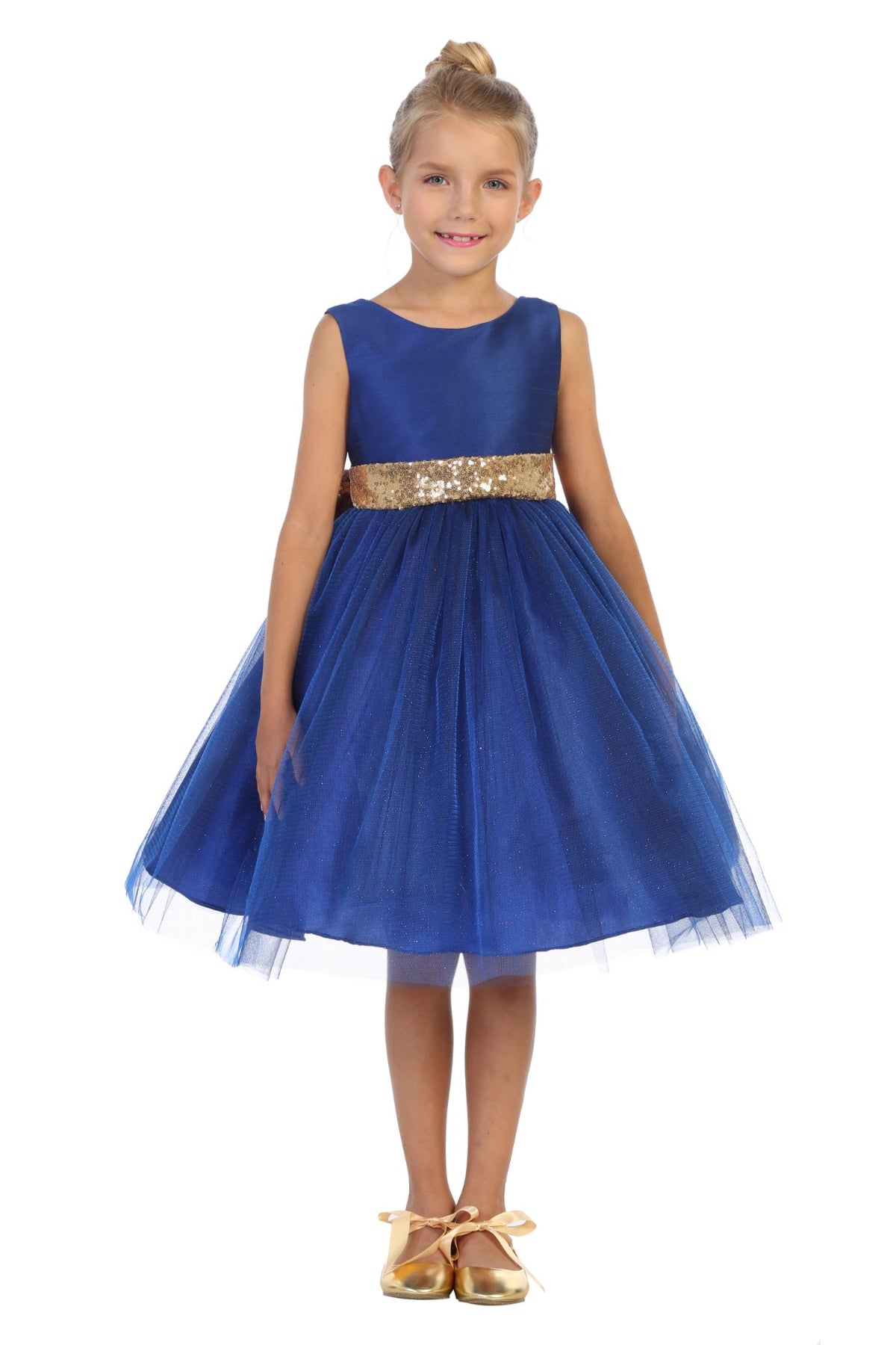 Girls' Royal Blue Gold Sequin Back V Dress