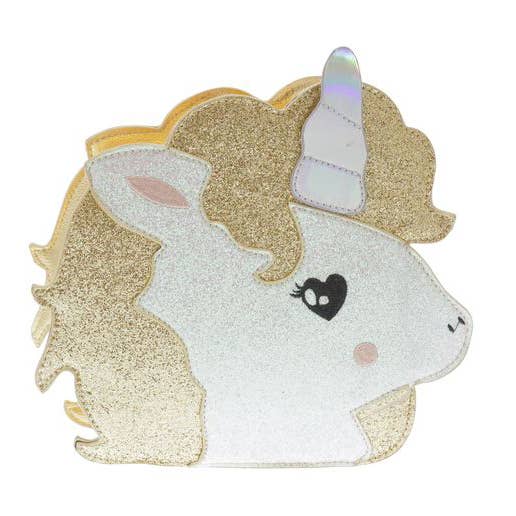 White unicorn-shaped purse with gold glitter mane, iridescent horn, and adjustable gold shoulder strap on white background
