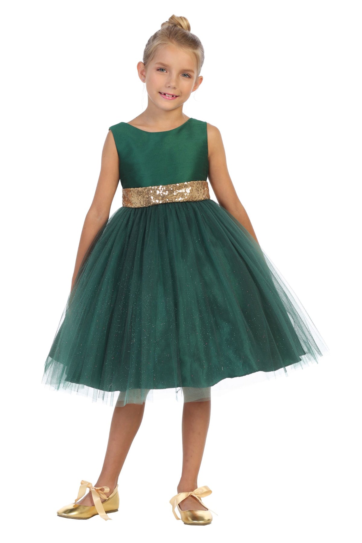 Girls' green glitter tulle dress with gold sequin waist trim and V-back bow