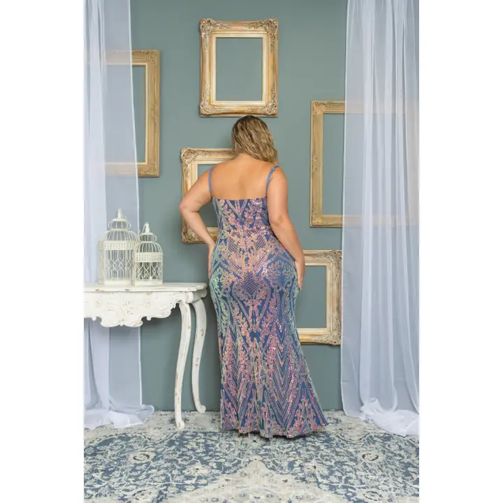 Multi Sequin Deep V Mesh Gown PLUS