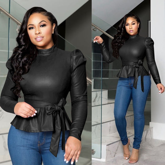Faux Leather LS Peplum