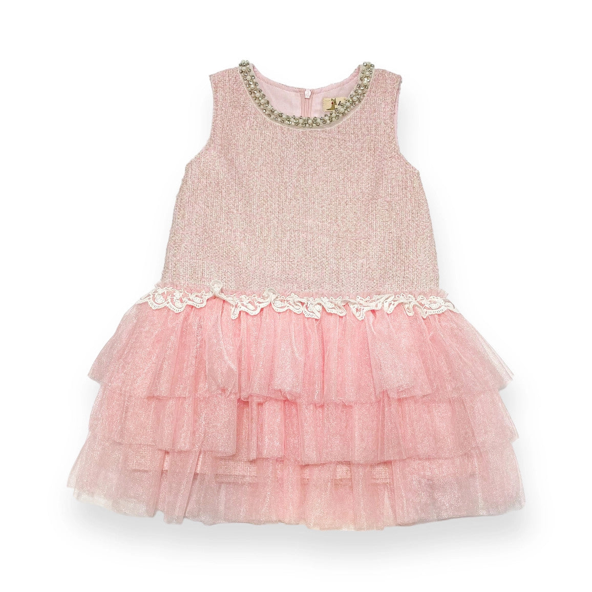 Girls' Sleeveless Rhinestone/Pearl Collar Tweed Tulle Dress - Pink