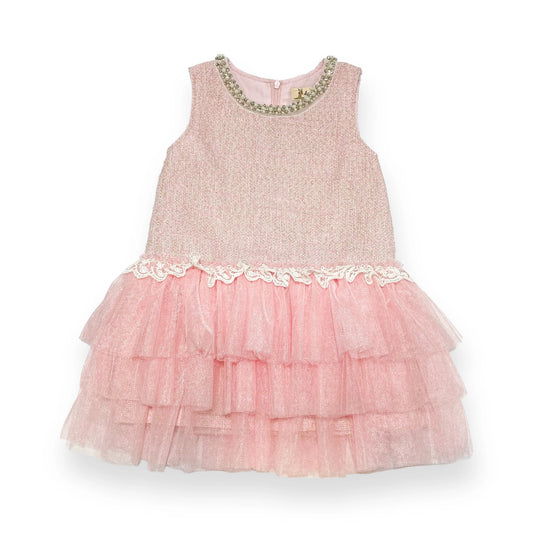 Girls' pink tweed sleeveless dress with pearl and rhinestone collar neckline and tiered glitter tulle skirt on white background