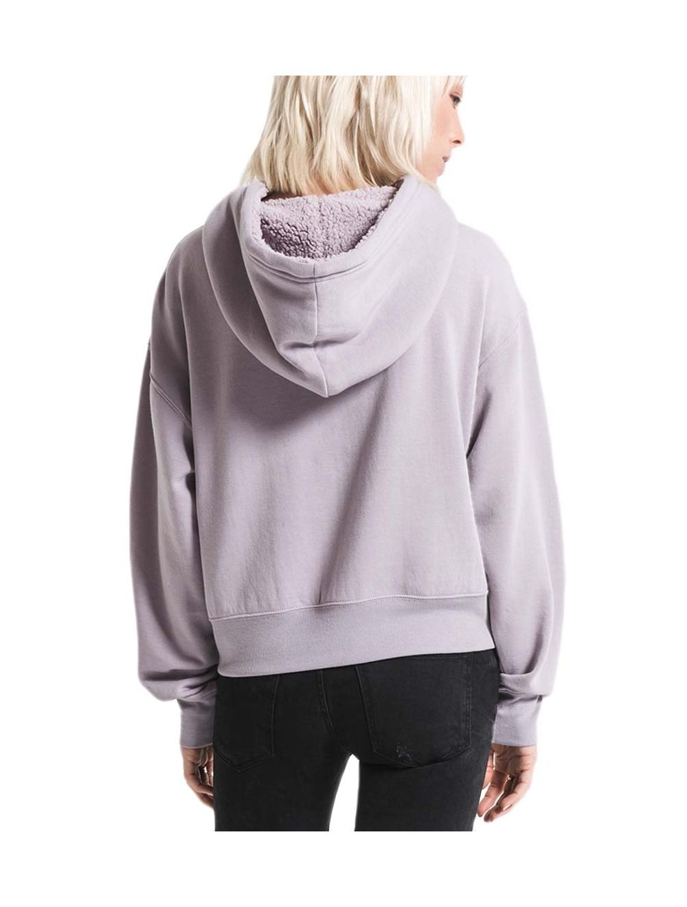 Back view of lavender grey sherpa-lined hoodie showing relaxed fit and ribbed hem detail