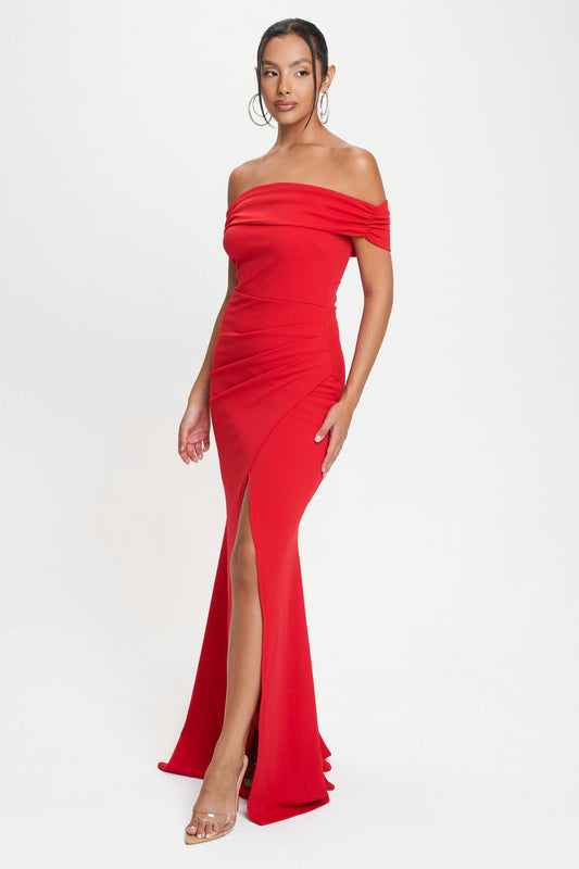 Red Off-Shoulder Ruched Maxi Dress