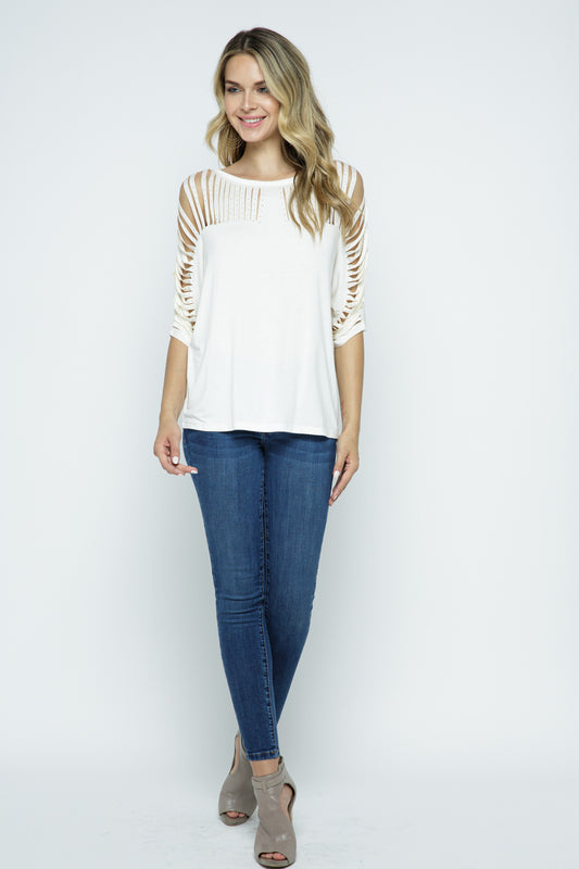 Short Sleeve with  Laser Cut Top Rhinestones - Off White