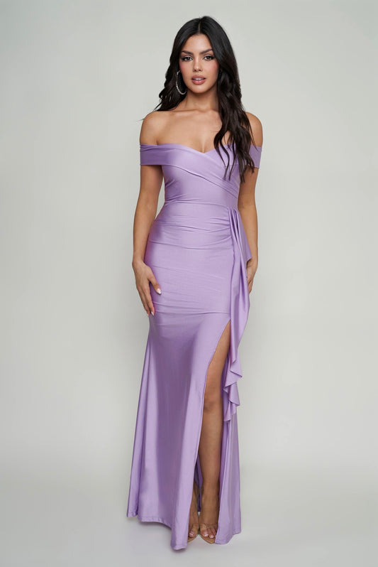 Off Shoulder Draped Ruffle Prom Dress - Lilac