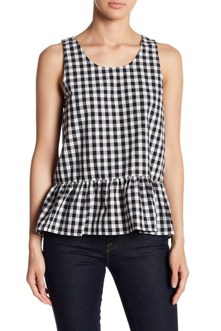 Gingham Peplum Top with Crisscross Back – Black & White