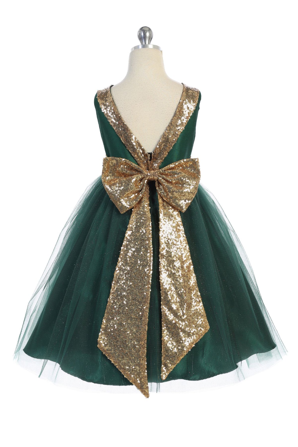 Girls' Glitter Tulle Dress with Gold Sequin V-Back – Green & Red