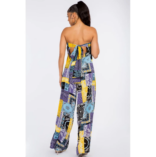 Designer-Inspired Scarf Print Strapless Jumpsuit with Back Tie