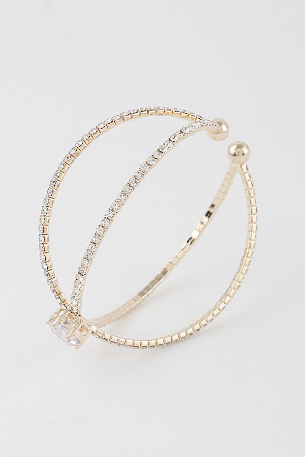 Close-up of pavé rhinestone orbit bracelet showing sparkle detail