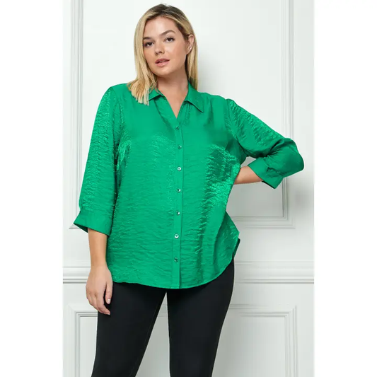 Shimmer 3/4 Cuff Sleeve Collared Button Down Blouse PLUS