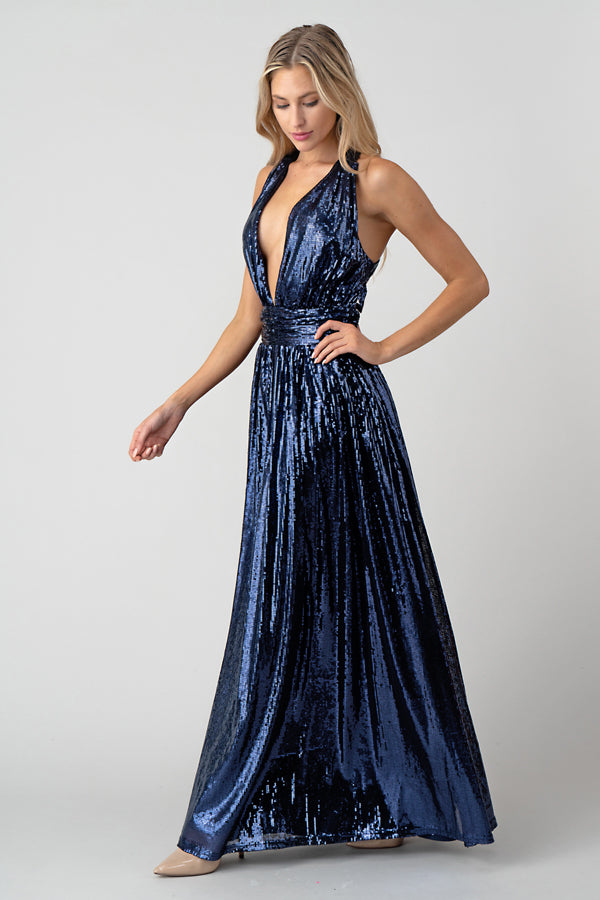 Navy Plunge Sequin Gown