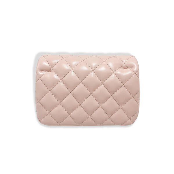 Back view of blush pink quilted girls purse on white background