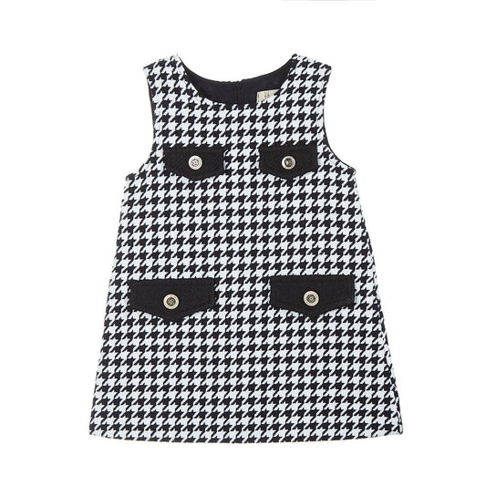 Girls' black and white houndstooth shift dress with gold button details and A-line silhouette