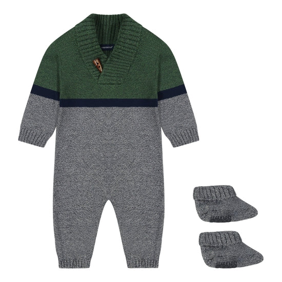 Baby boy green and gray colorblock sweater knit coverall with shawl collar and matching knit booties - complete outfit set