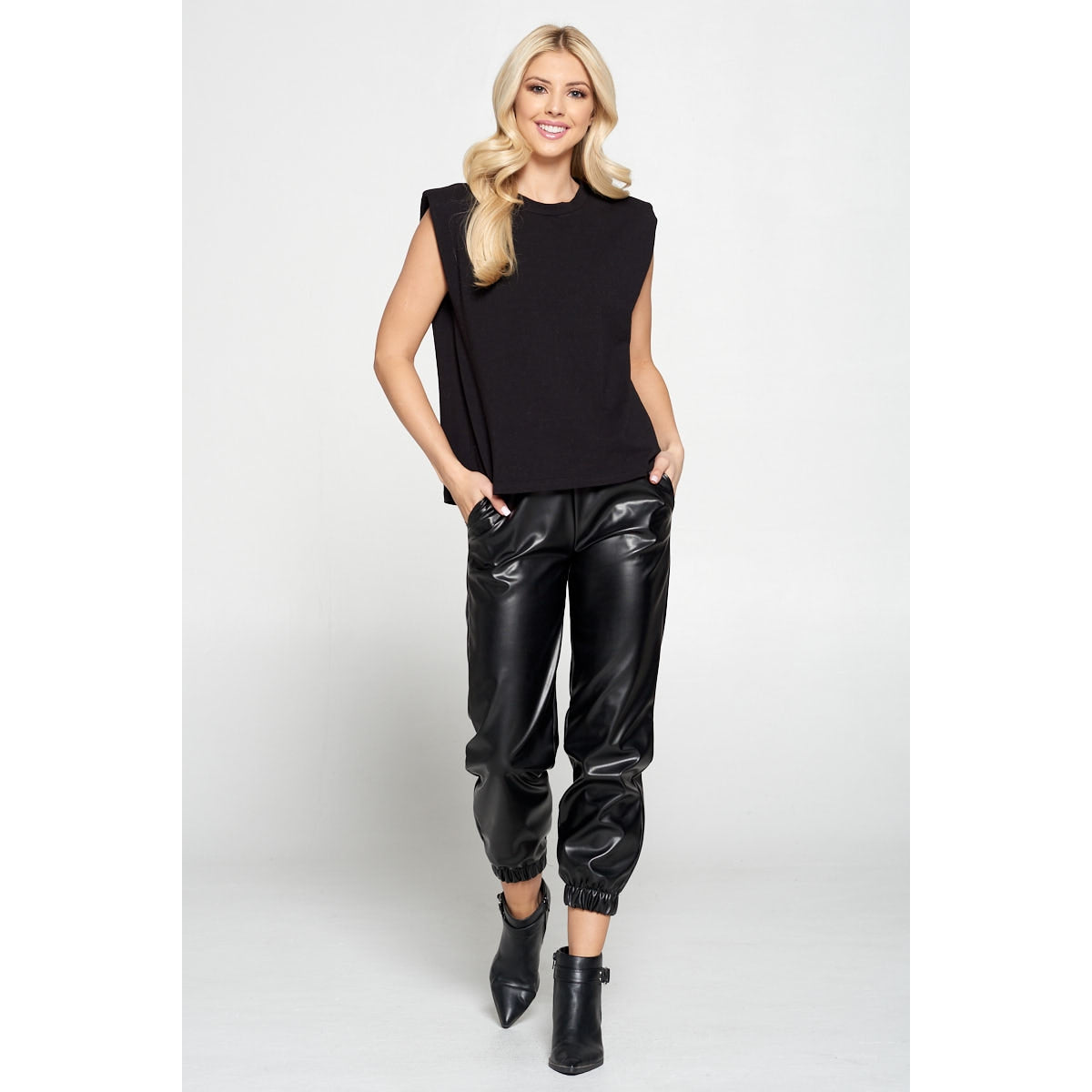 Black Shoulder Pad Top - Sleeveless Structured Blouse