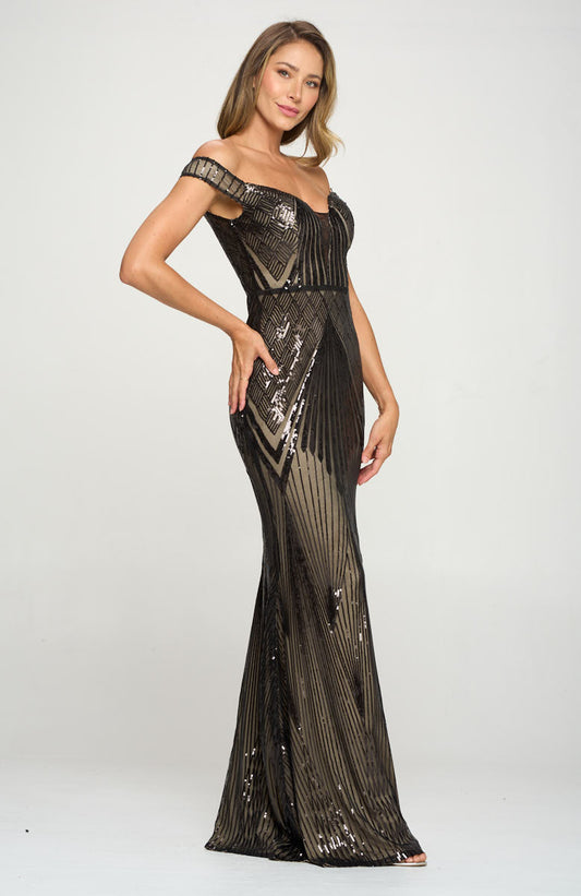 Off-the-Shoulder Mesh Inset Sequin Gown