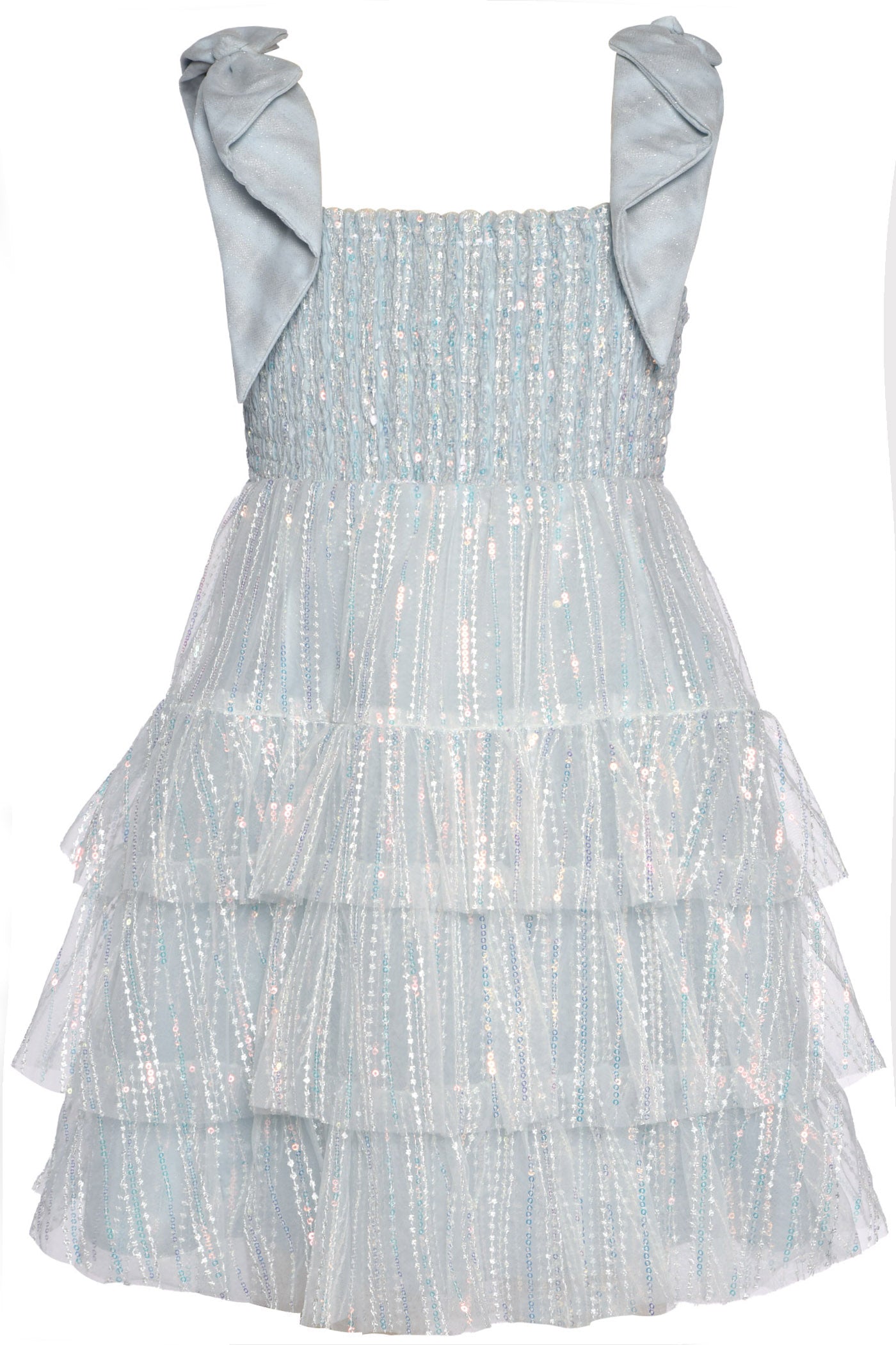 Close-up of ice blue sequin babydoll dress showing tiered layers and bow strap detail, tween party dress
