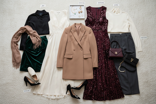 Curated capsule wardrobe collection featuring elegant blazer dress, midi dress, and evening wear in coordinating neutral and jewel tones with accessories including jewelry, pashmina wrap, and heels arranged in boutique-style flat la
