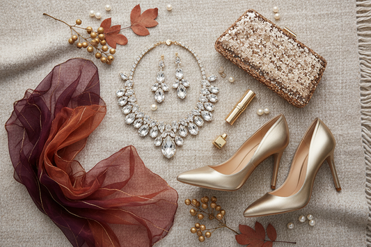 Elegant flat lay of fall wedding guest accessories including rhinestone jewelry, evening clutch, pashmina shawl, and metallic heels in burgundy and gold tones