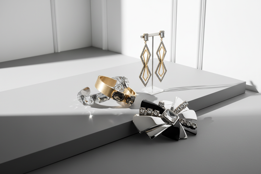 Statement rhinestone jewelry pieces styled against a clean white background for minimalist fashion editorial