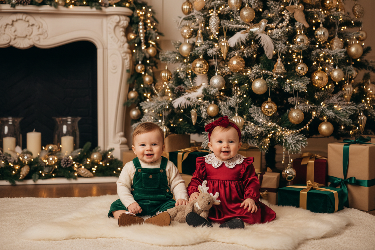 Baby boy and baby girl in stylish boutique outfits in upscale holiday setting with decorated Christmas tree and elegant decor
