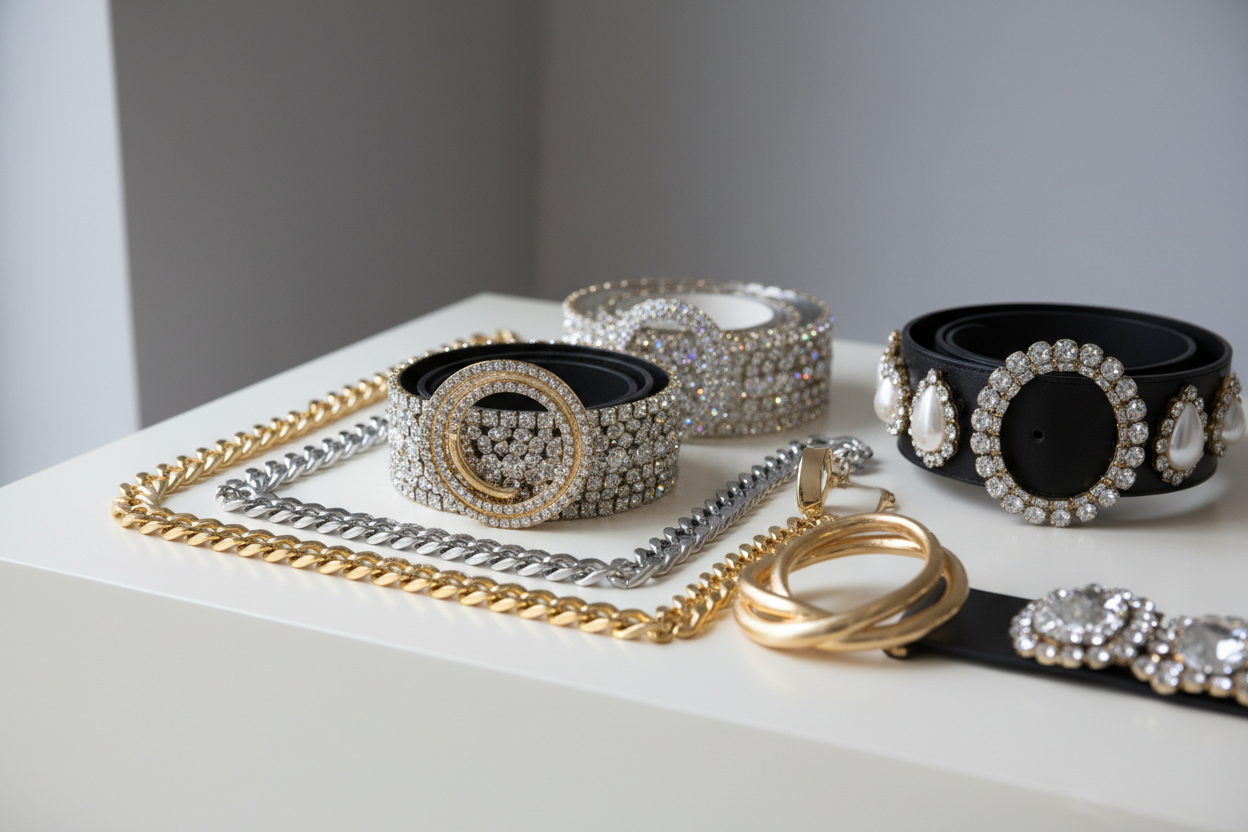 "Luxurious women's statement belts including gold chain belts, rhinestone-embellished belts, and bold designer styles arranged on neutral background