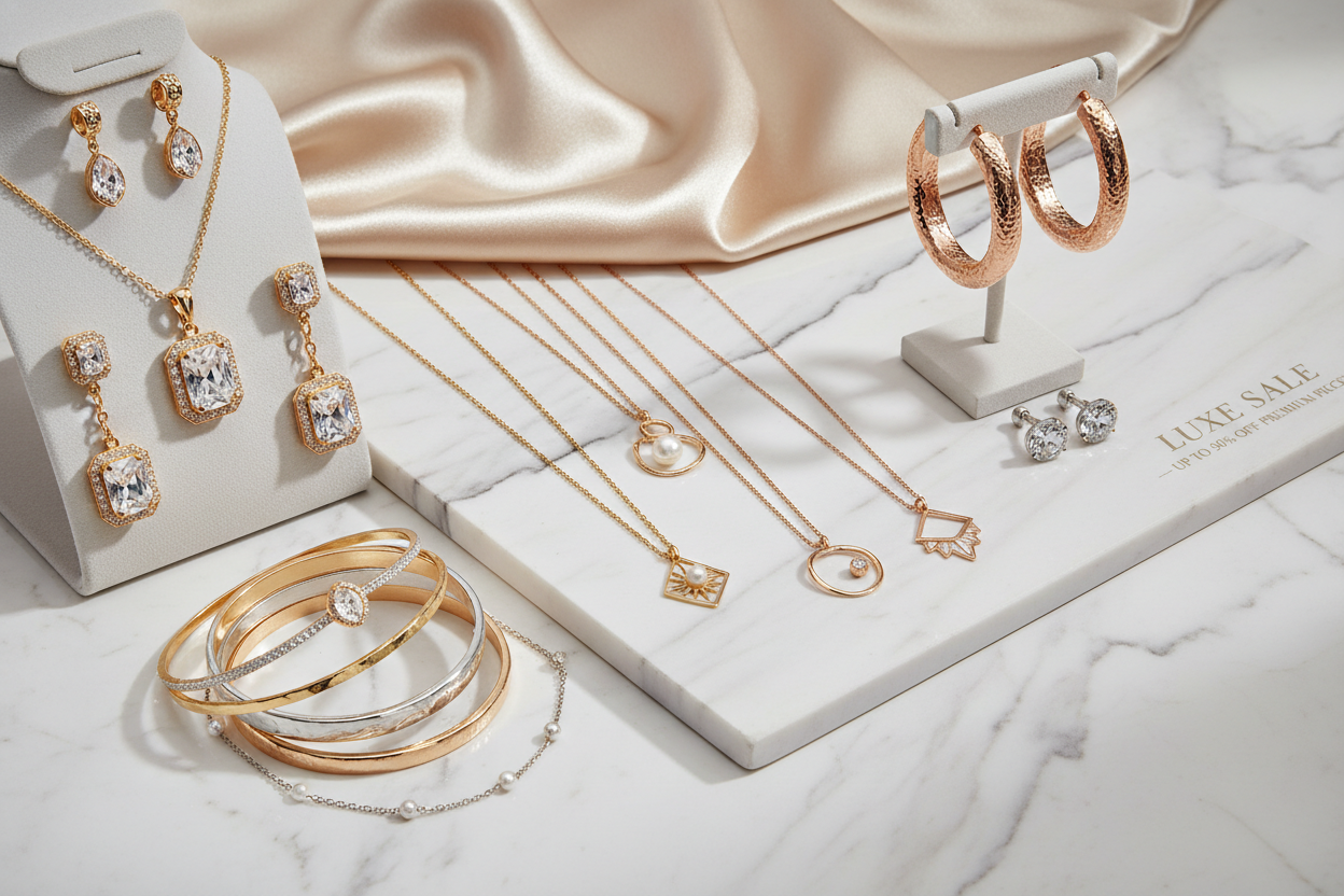Boutique sale jewelry including elegant necklaces, bracelets, earrings and jewelry sets in gold, rose gold and silver finishes