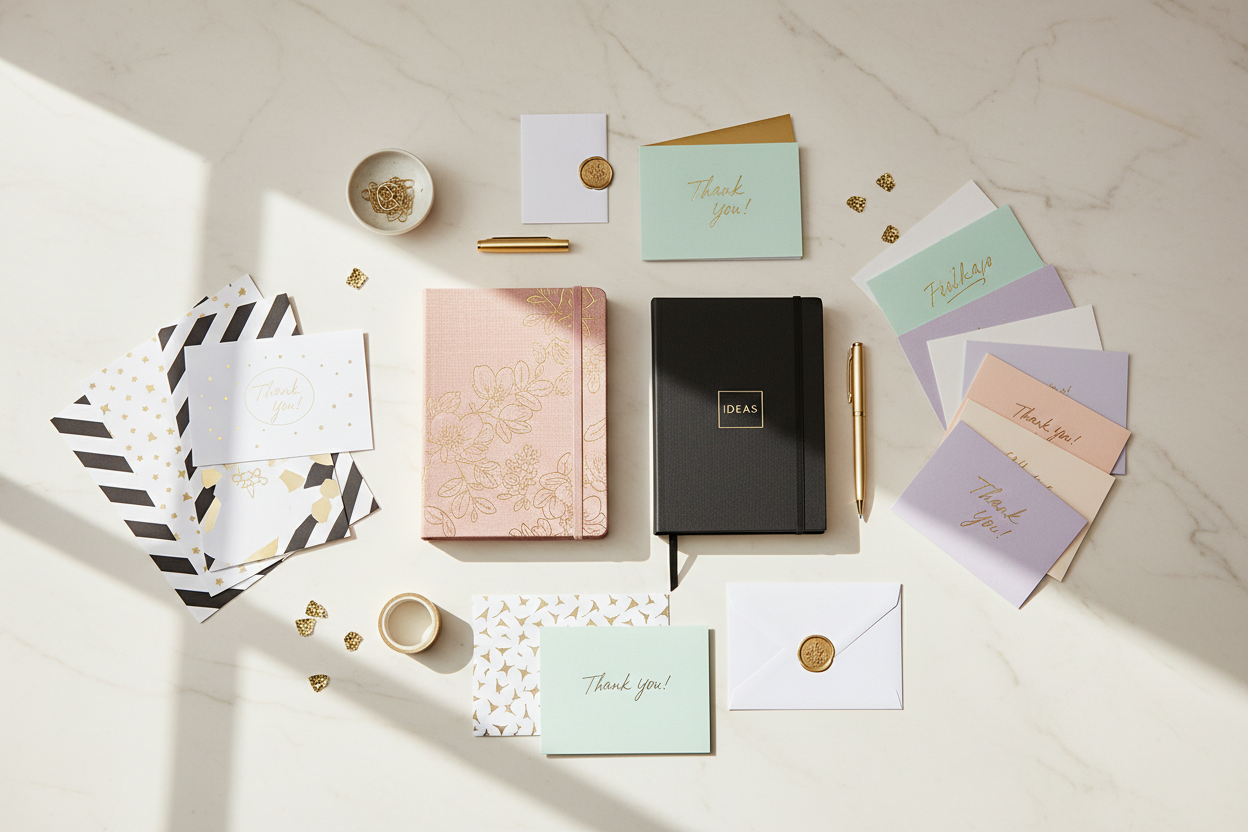 Boutique stationery including elegant journals, chic pens, thank you cards and greeting cards on clean neutral background