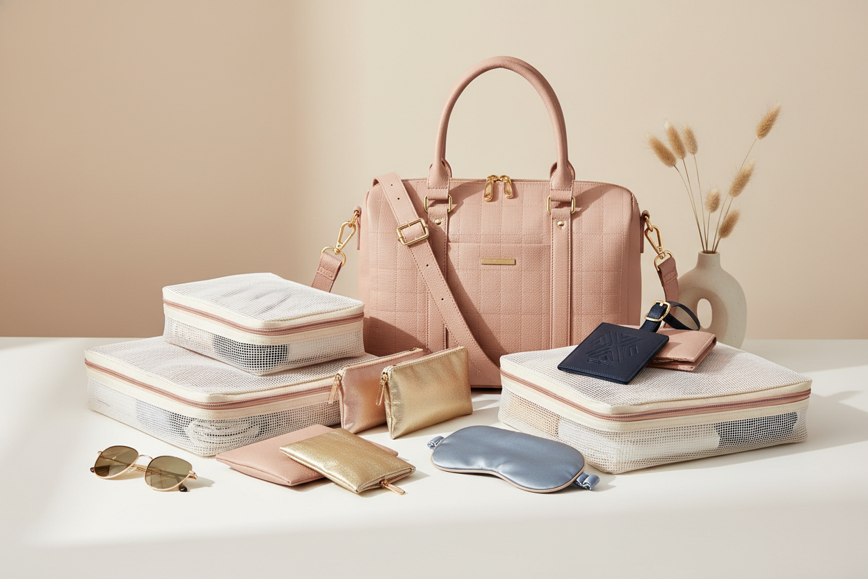 Boutique travel accessories including stylish travel bag, packing organizers, passport holder and travel essentials on clean background