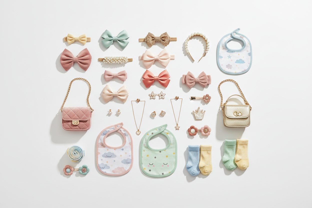 Boutique baby and kids accessories including bibs, socks, toys, hair clips and playful essentials