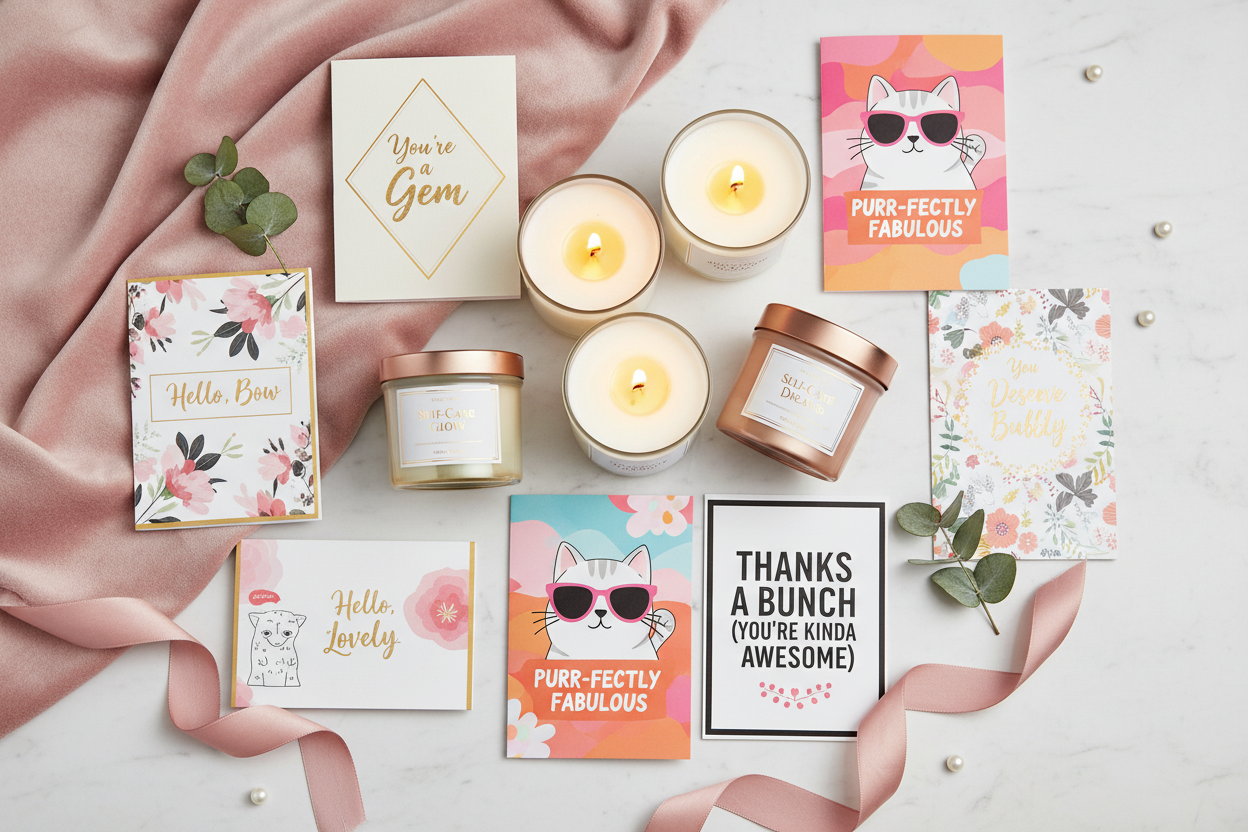 Fun and unique gifts including stylish candles and greeting cards with personality for women