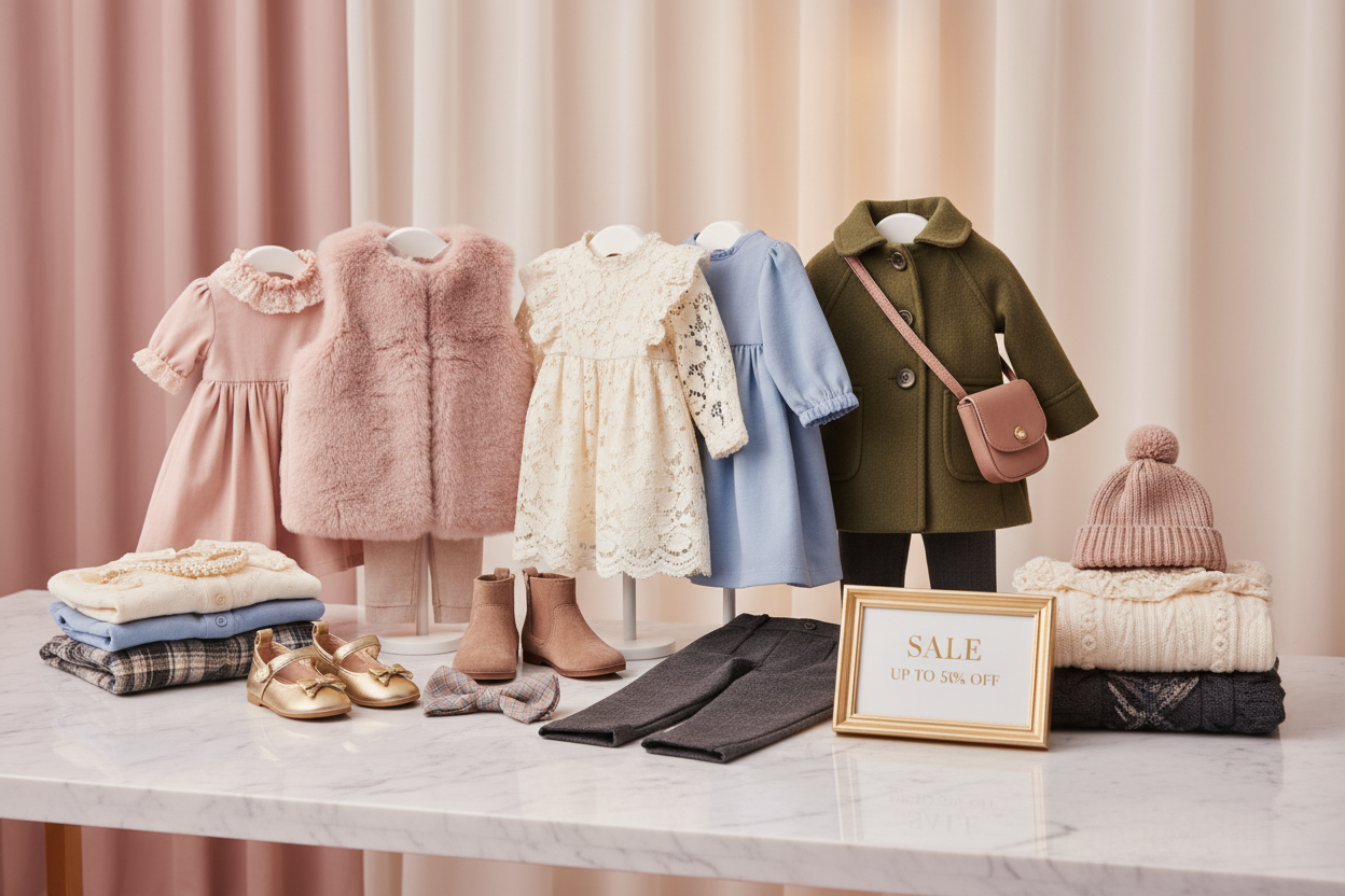 Chic boutique baby and kids clothing on sale including elegant dresses, stylish tops, fashionable bottoms and sophisticated accessories