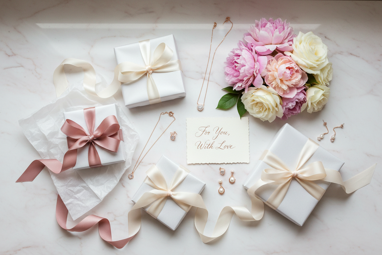 Elegant flat lay of gifts for her featuring wrapped gift boxes with silk ribbons, delicate jewelry, fresh flowers, and luxe packaging on marble surface