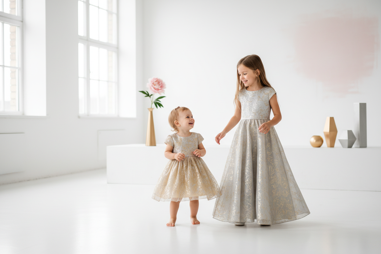 Toddler and young girl wearing silver and gold dresses in modern minimalist setting with pink accents