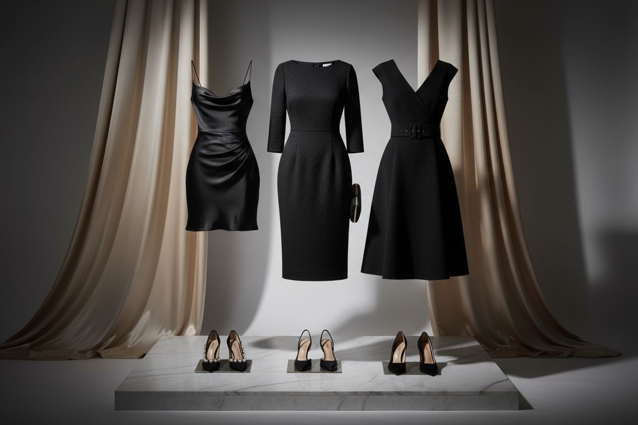 Three elegant black dresses displayed with matching black heels in sophisticated boutique setting with draped curtains