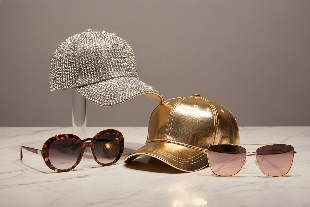 Women's caps with rhinestone embellishments and metallic gold shimmer displayed with stylish sunglasses on neutral background