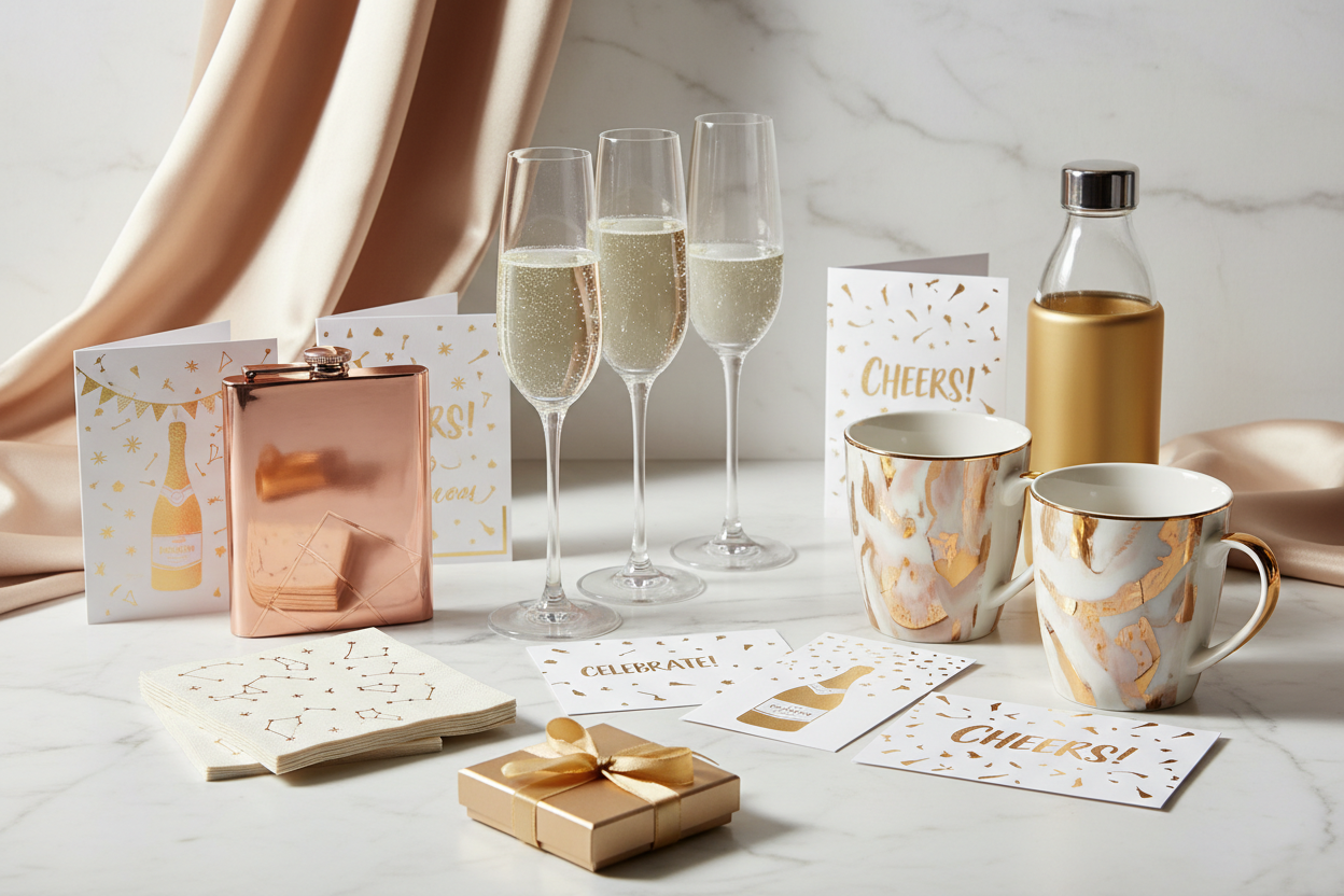 Glamorous party essentials including wine glasses, flasks, mugs, water bottles and festive napkins for stylish entertaining and gifting