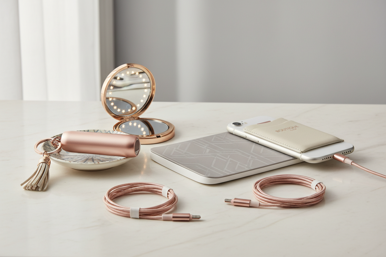 Boutique tech accessories including phone chargers, compact mirrors, wireless charging pads, phone pocket and alarm keychain on neutral background