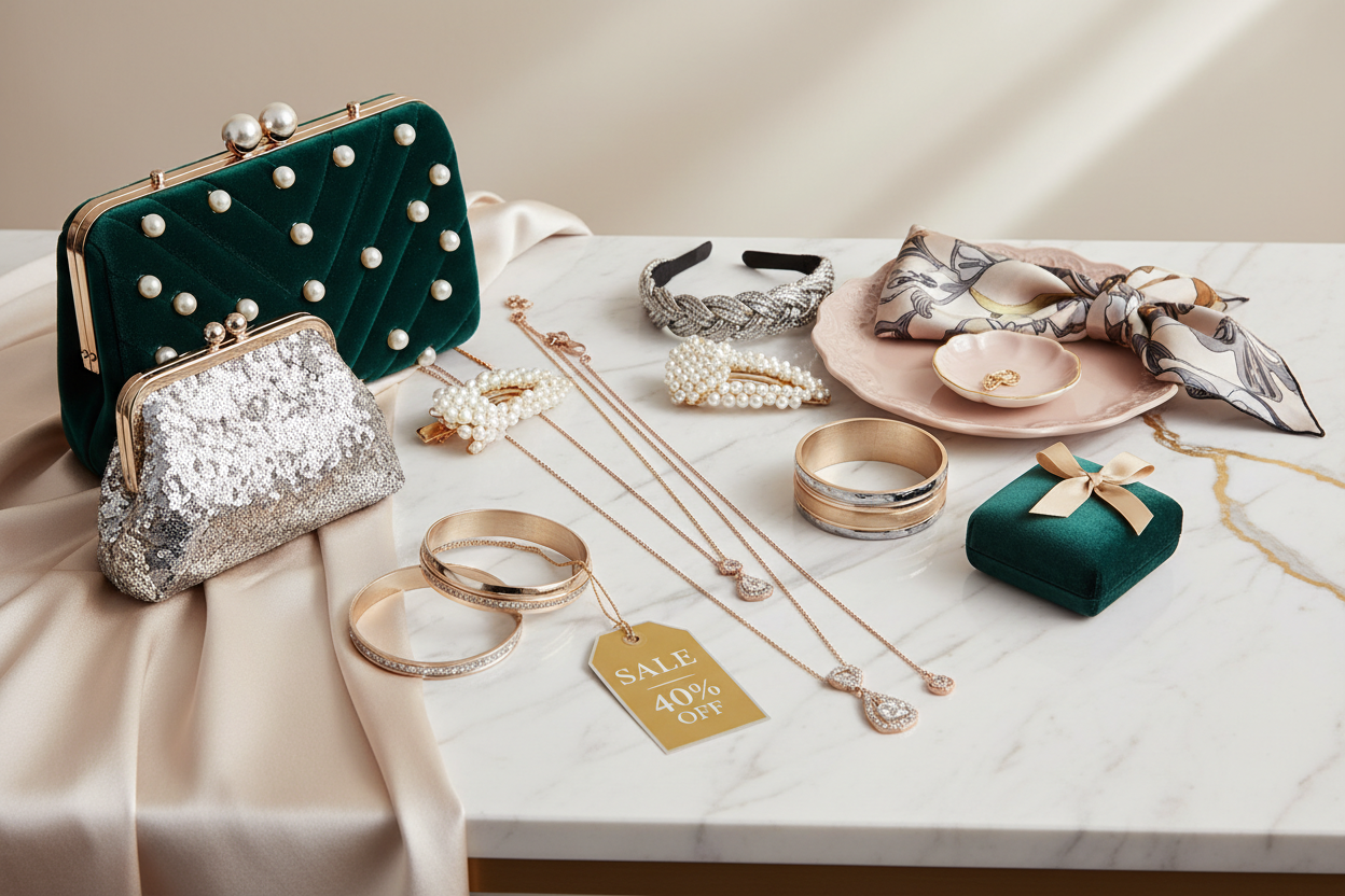 Women's boutique sale accessories including elegant jewelry, stylish handbags, hair accessories and gift items in luxe finishes