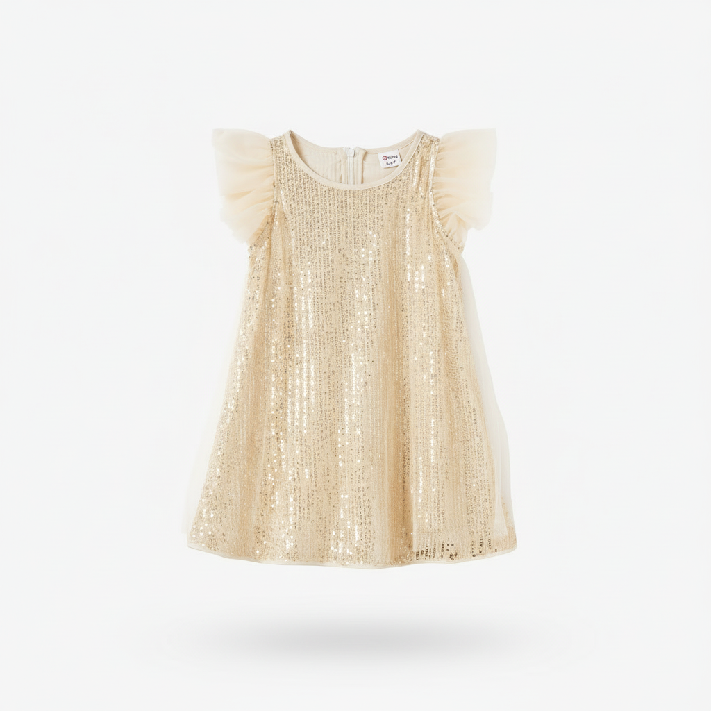 Girls' Champagne Gold Sequin Dress with Flutter Sleeves | Mommy & Me Matching