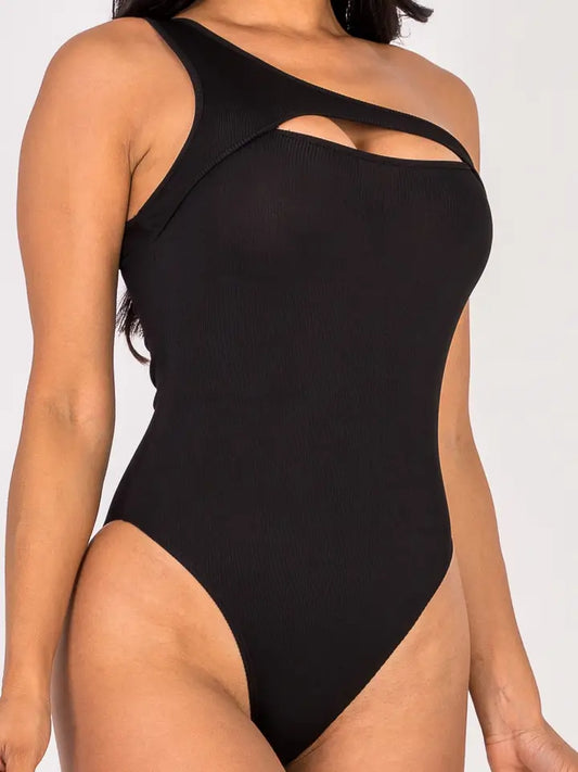 Ribbed Knit Cut-Out One Shoulder Bodysuit - Black