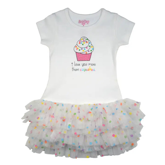 White shirt with cupcake design and text, paired with a colorful tutu skirt on a white background