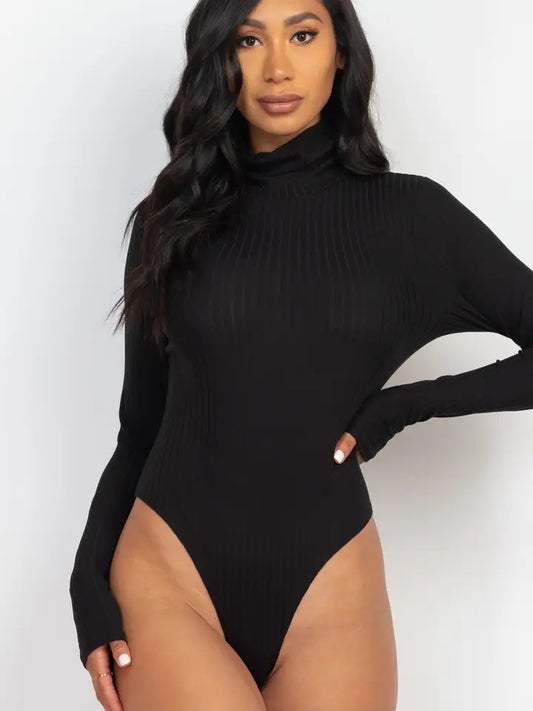 Ribbed Turtle Neck Long Sleeve Bodysuit Black