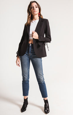 Black Tailored Blazer with Tie-Slit Sleeve Detail
