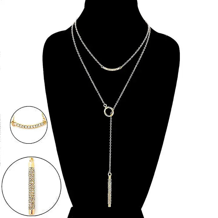 Double Layered Y-Shape Circle & Bar Necklace