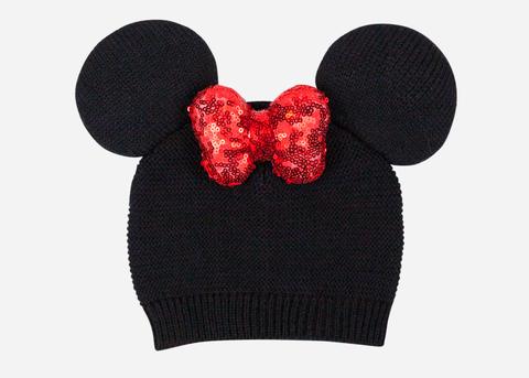 Black knit Minni Mouse beanie with red sequin bow and ears on a white background